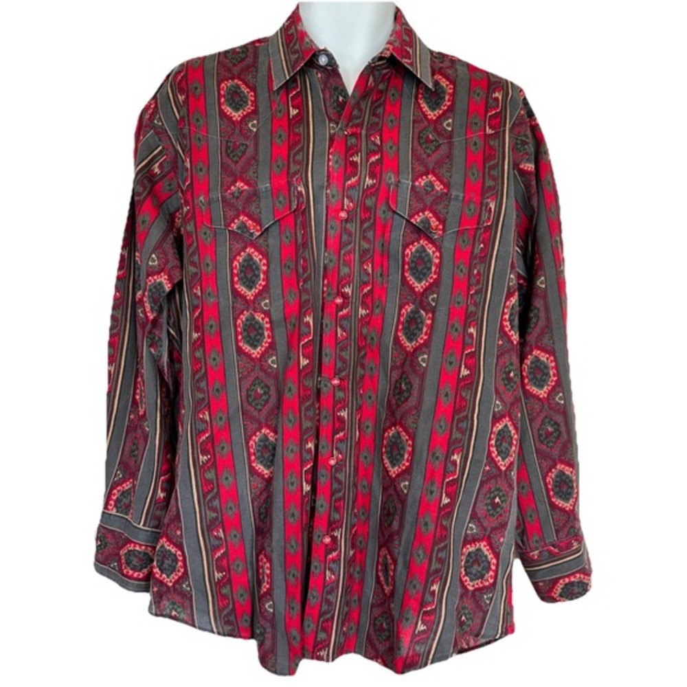 Vtg‎ Ruddock Bros Aztec Pearl Snap Shirt Red Pearl Snaps Western 17/34 Xl Tails